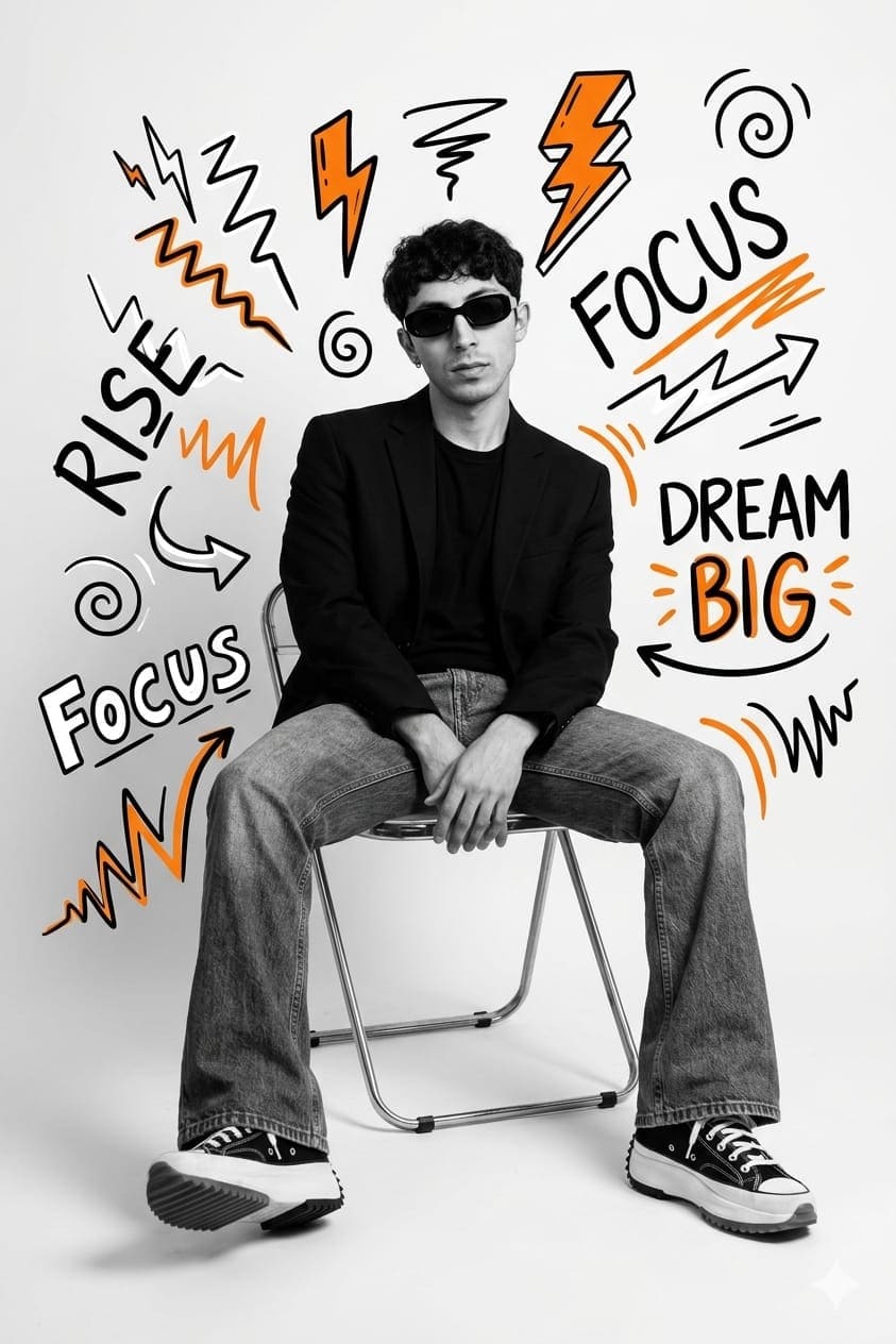 Black and White Editorial Studio Portrait with Graffiti Doodles AI Prompt — Posters AI prompt for chatgpt