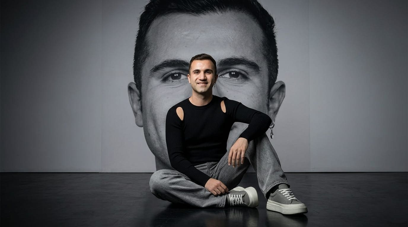 Cinematic Fashion Editorial Portrait with Giant Face Mural AI Prompt — cinematic AI prompt for Gemini
