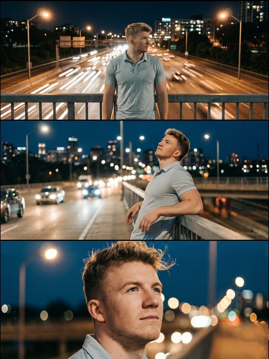 Cinematic Urban Triptych Portrait AI Prompt — cinematic AI prompt for Gemini