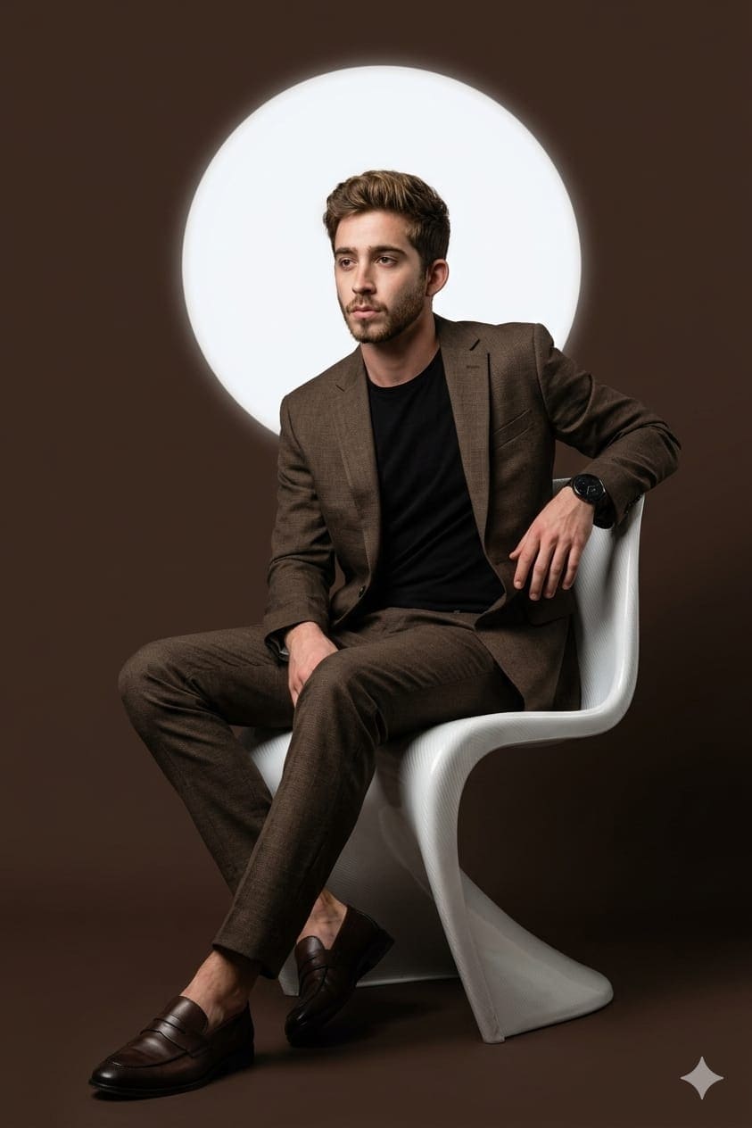 Modern Brown Suit Portrait AI Prompt — cinematic AI prompt for Gemini