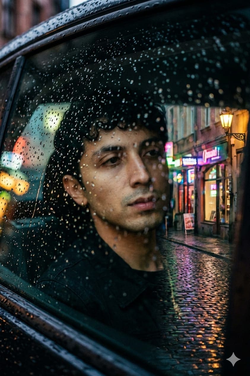 Rainy Night Car Window Cinematic Portrait Prompt — cinematic AI prompt for Gemini
